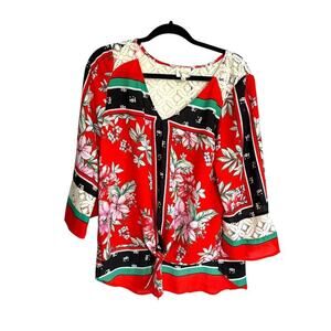 Fig & Flower Boho Floral Tie Blouse Size Large Lace Detail Red 3/4 Sleeves Flowy